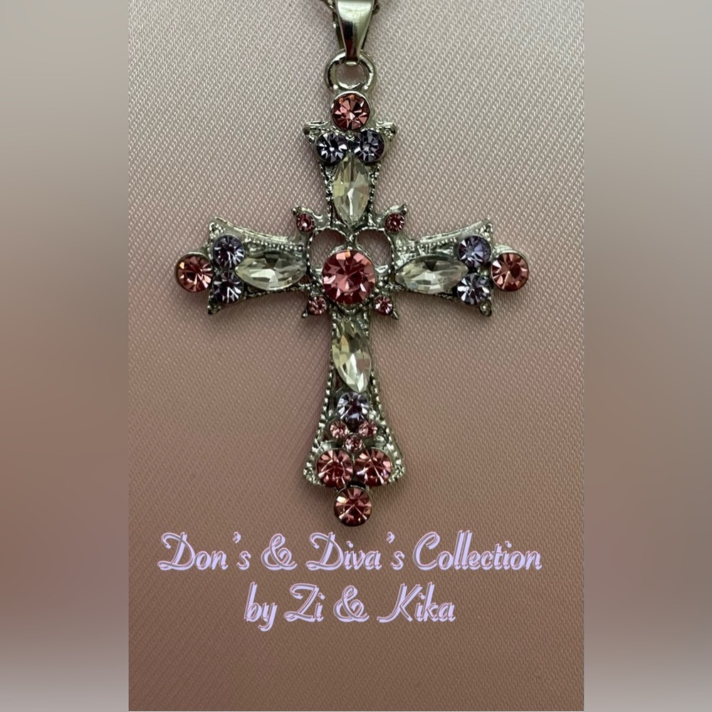 Pink & Purple Crystal Cross Pendant Necklace